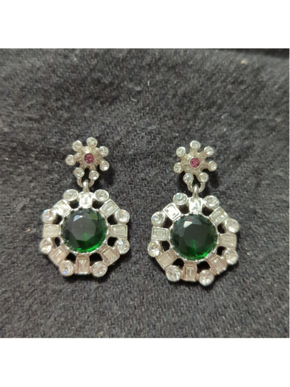 Vintage Carolee Lux Silver Tone Clear Green Purple Rhinestone Dangle Earrings